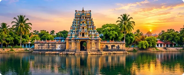 Temple tank and gopuram at Alanganallur